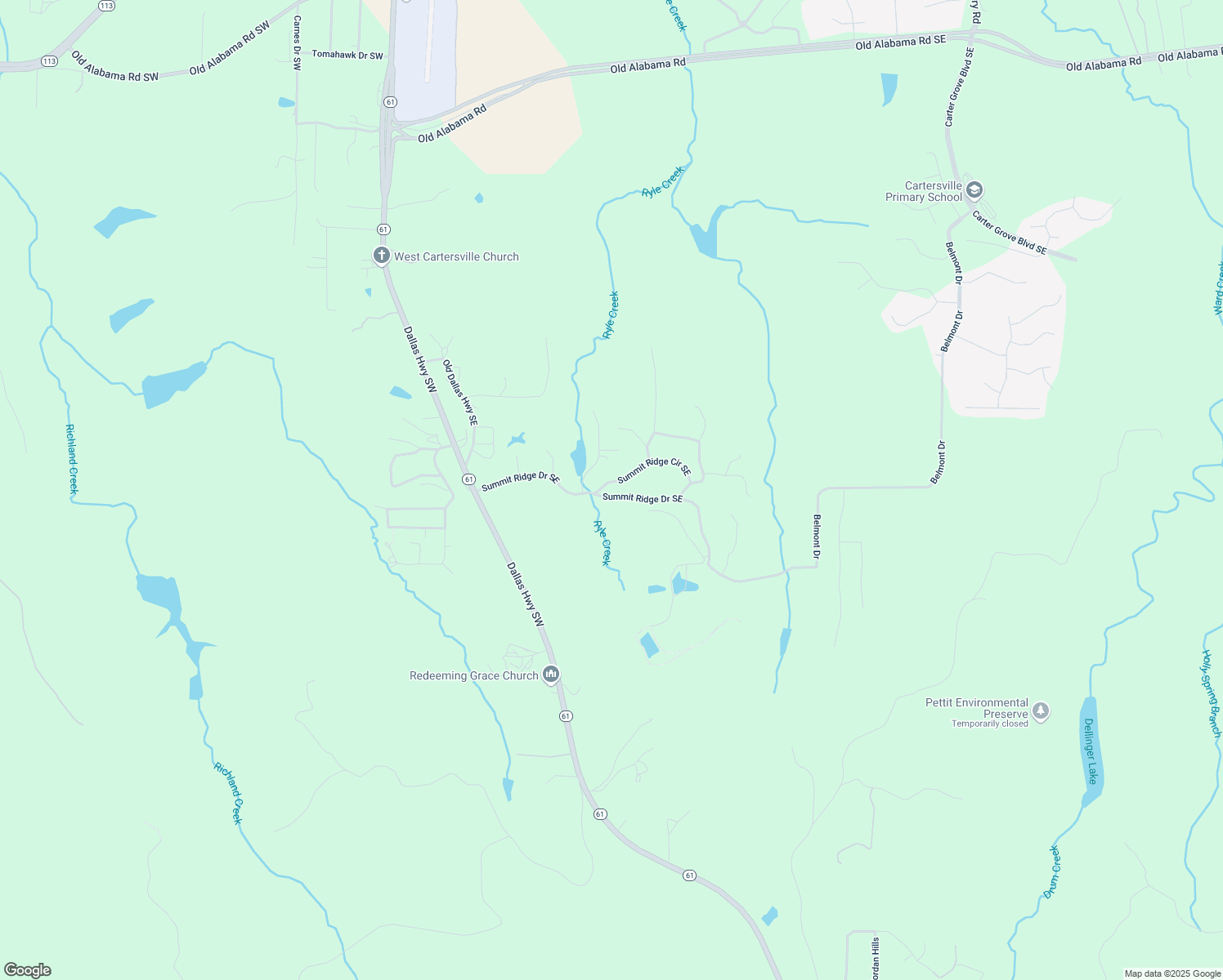 map of restaurants, bars, coffee shops, grocery stores, and more near 129 Summit Ridge Drive Southeast in Cartersville