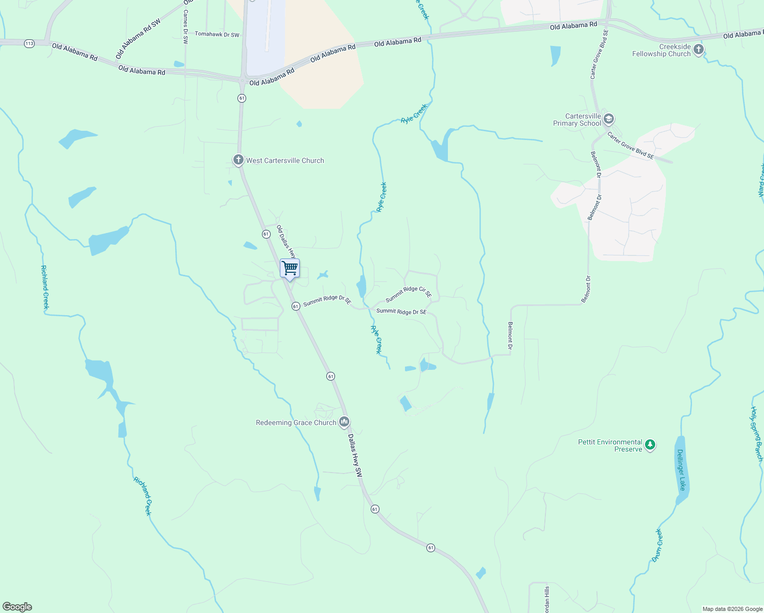 map of restaurants, bars, coffee shops, grocery stores, and more near 15 Summit Ridge Circle Southeast in Cartersville