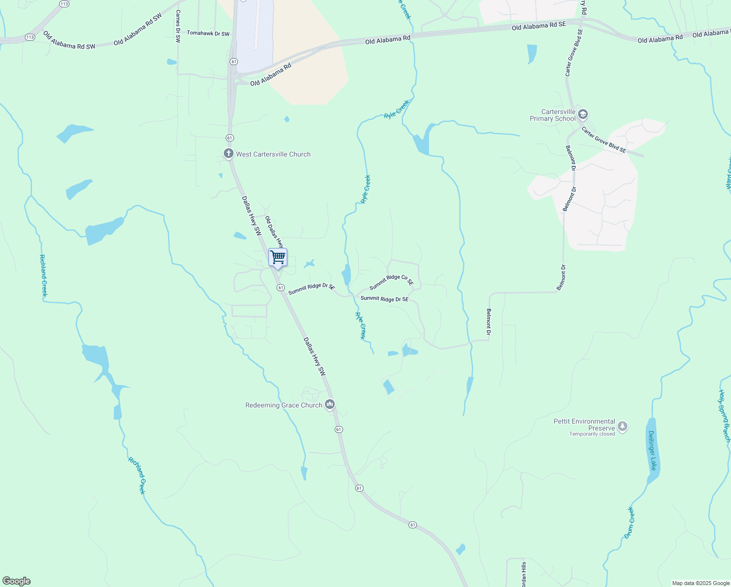 map of restaurants, bars, coffee shops, grocery stores, and more near 129 Summit Ridge Drive Southeast in Cartersville