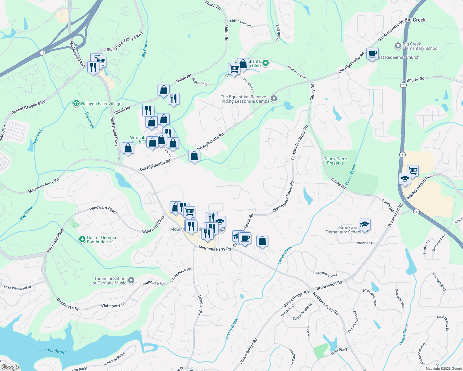 map of restaurants, bars, coffee shops, grocery stores, and more near 1230 Longpointe Pass in Alpharetta