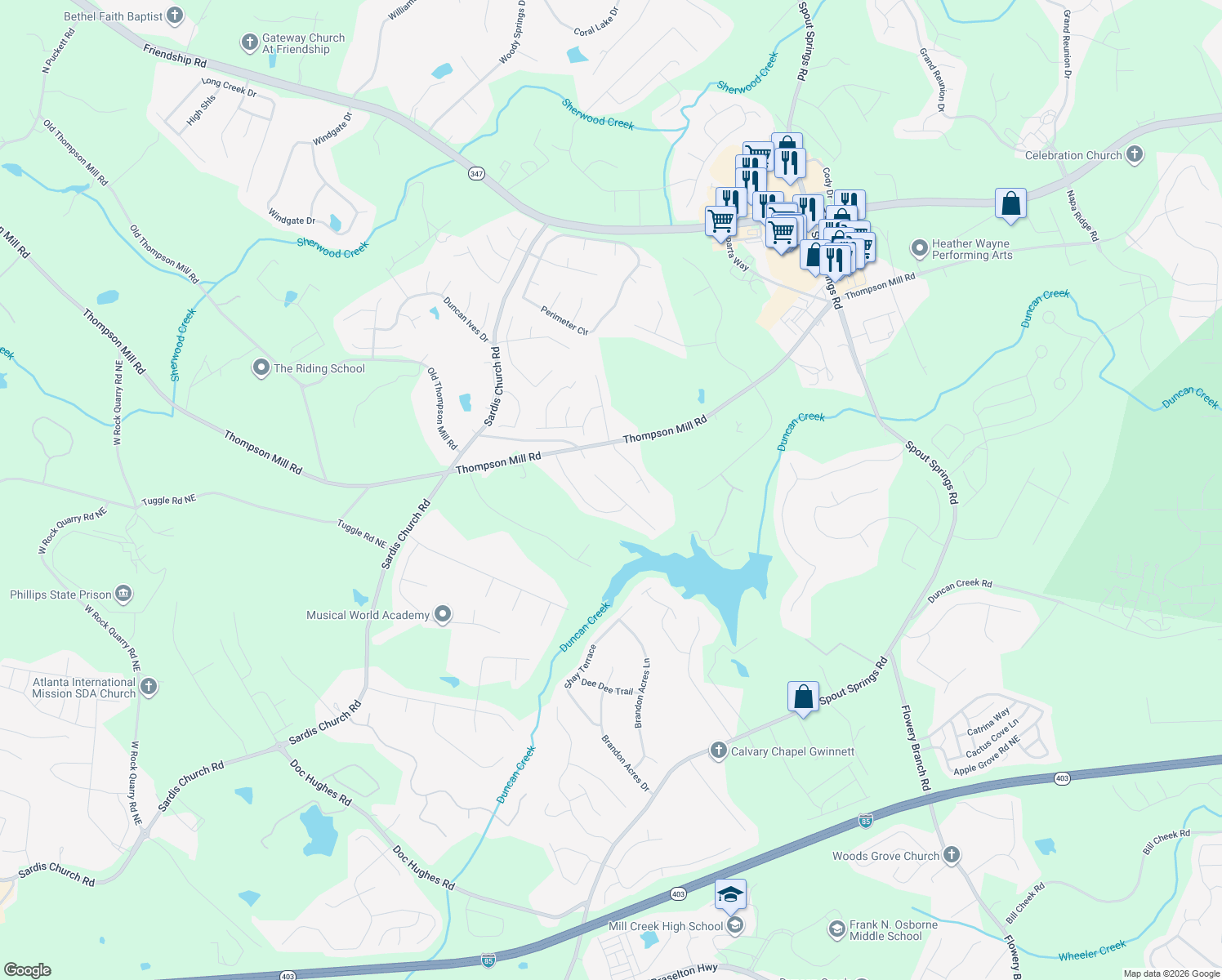 map of restaurants, bars, coffee shops, grocery stores, and more near 2530 Weber Heights Way in Buford