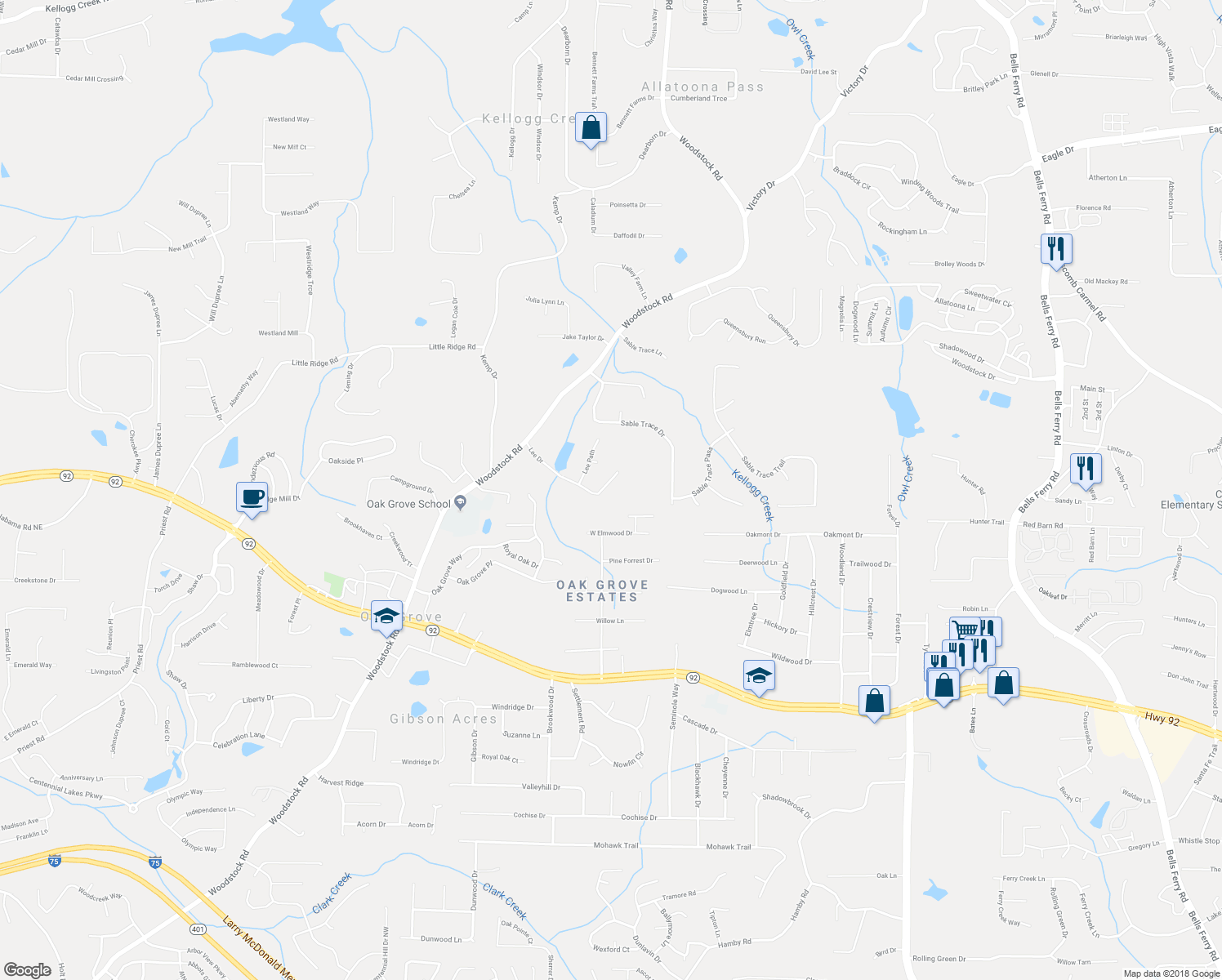 map of restaurants, bars, coffee shops, grocery stores, and more near 420 Lee Drive in Acworth