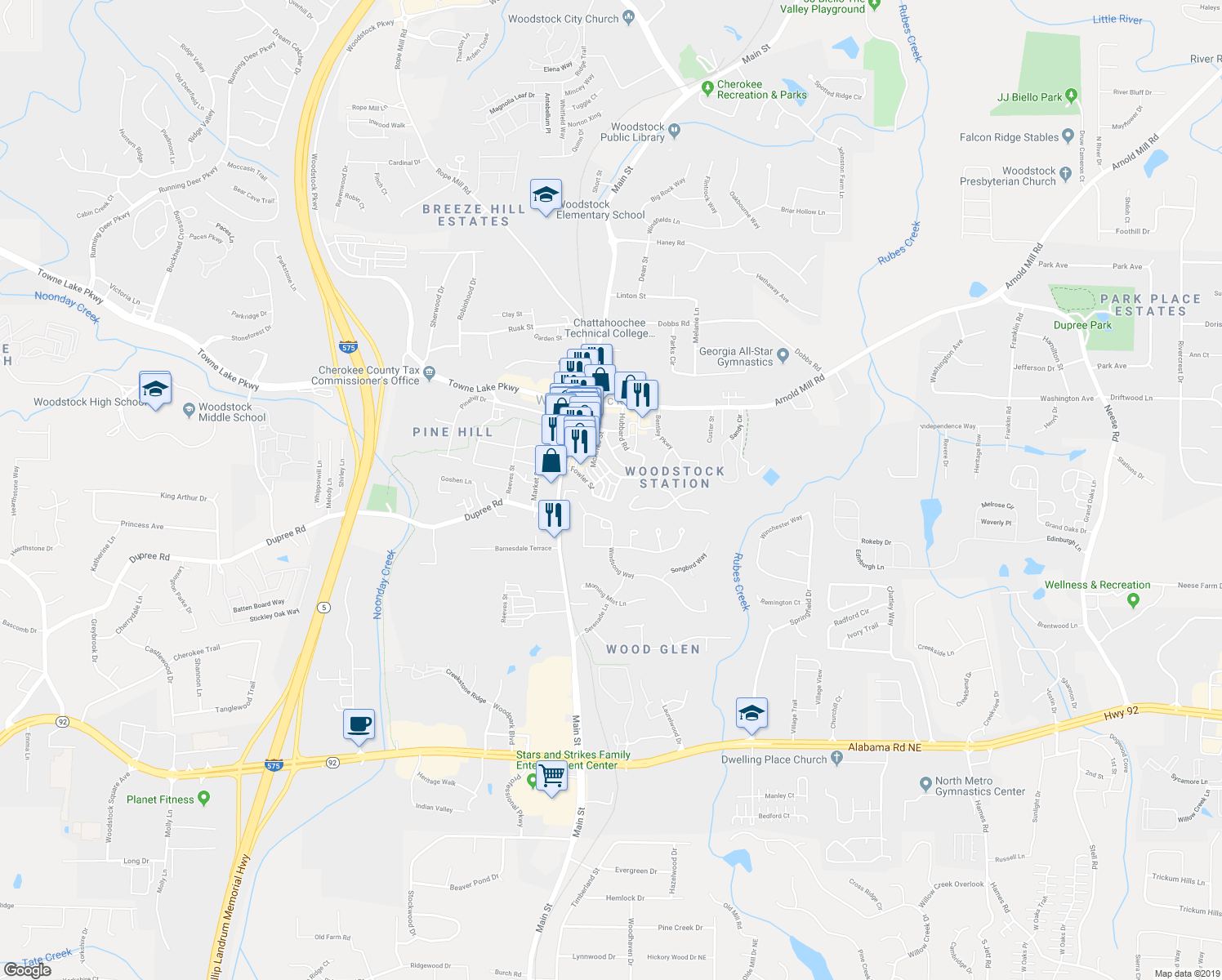 map of restaurants, bars, coffee shops, grocery stores, and more near 245 Fowler Street in Woodstock