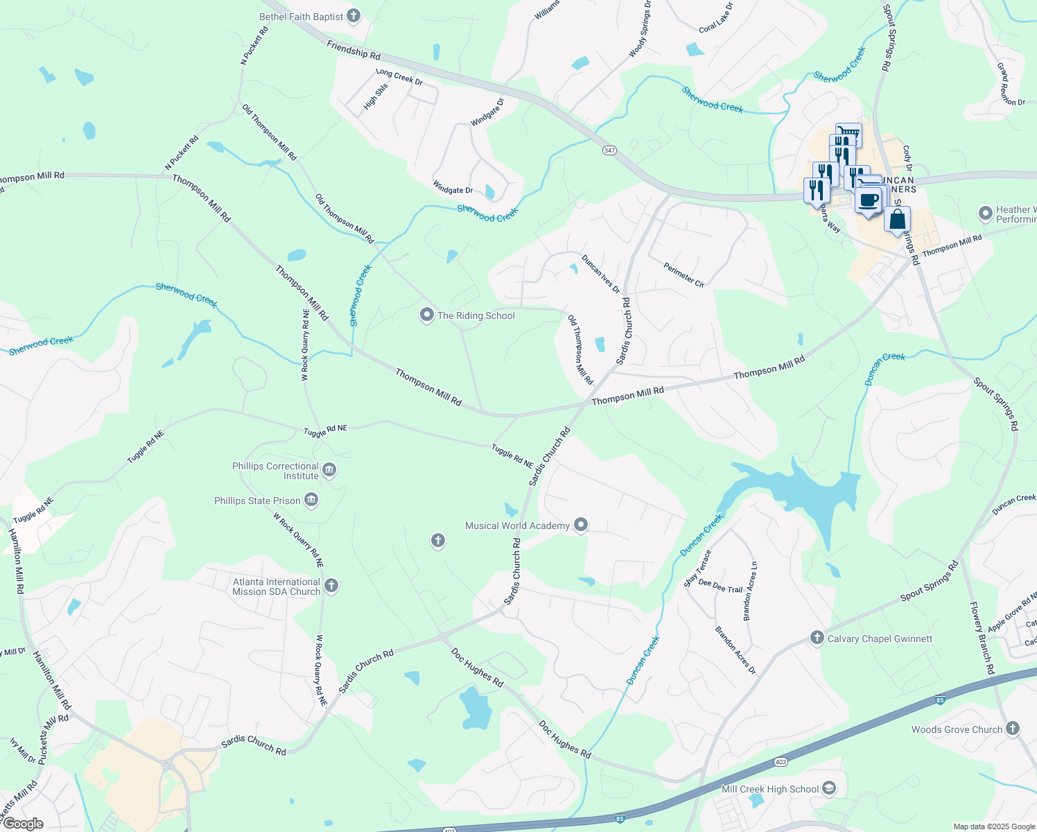 map of restaurants, bars, coffee shops, grocery stores, and more near 4332 Kay Morgan Road in Buford