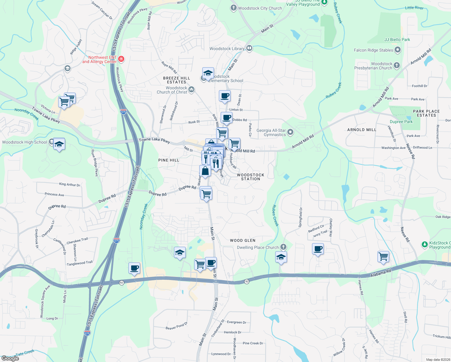 map of restaurants, bars, coffee shops, grocery stores, and more near 206 McAffee Street in Woodstock