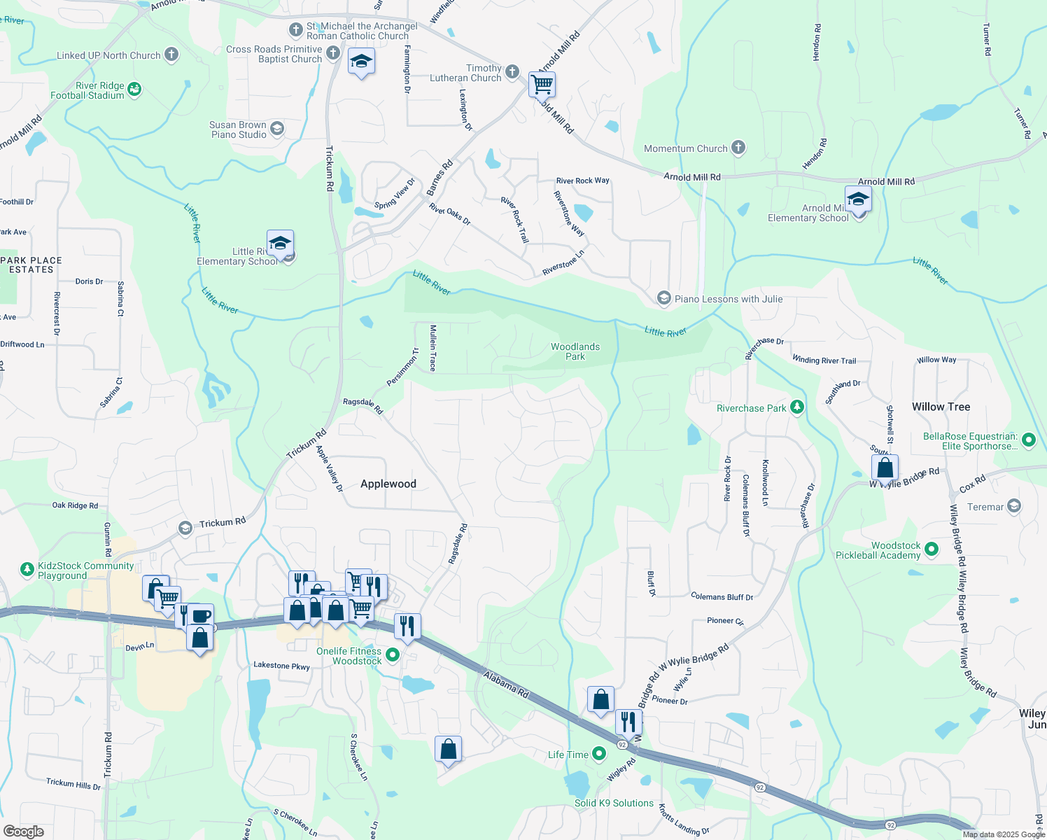 map of restaurants, bars, coffee shops, grocery stores, and more near 164 Towey Trail in Woodstock