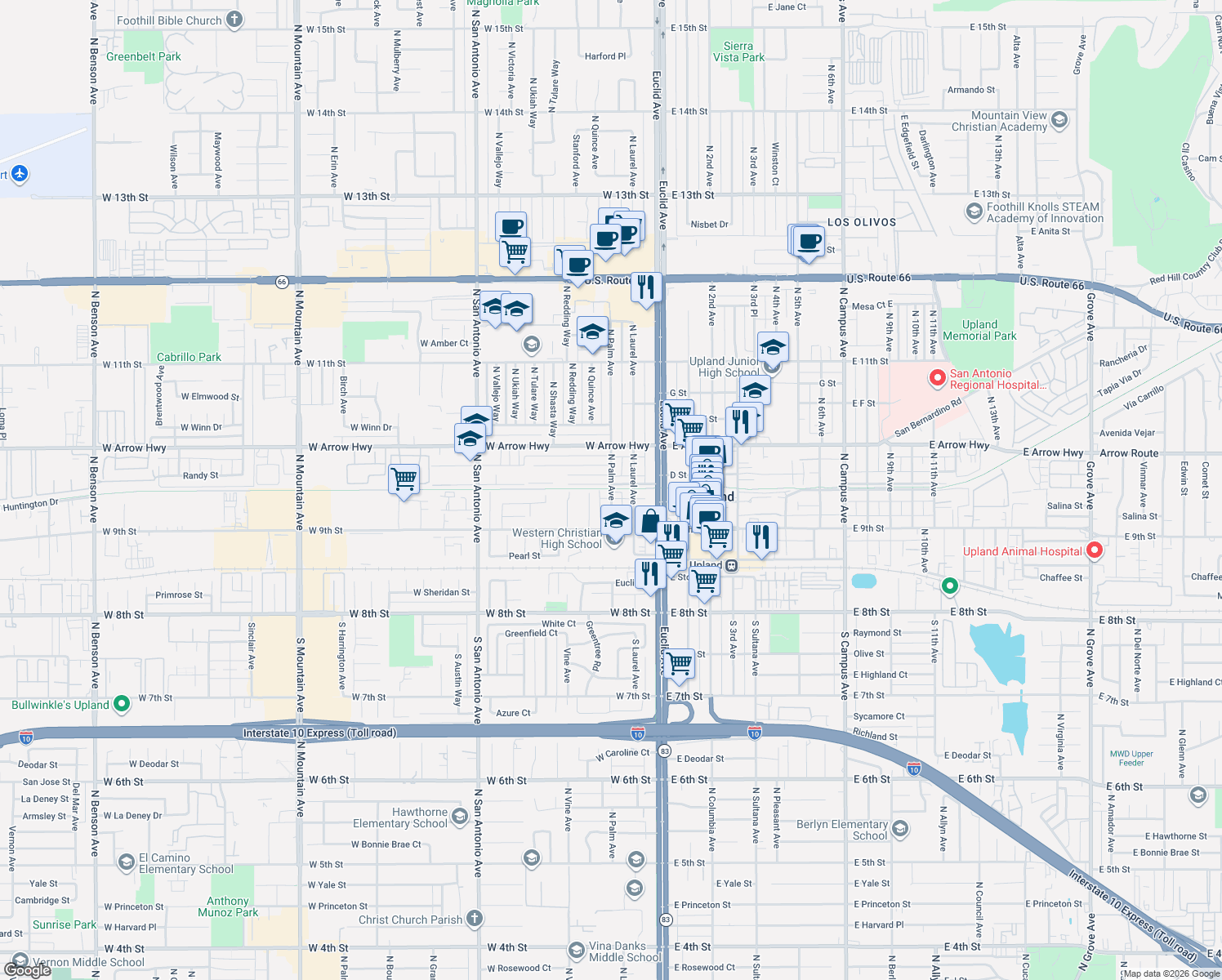 map of restaurants, bars, coffee shops, grocery stores, and more near 200-398 West Vernon Drive in Upland