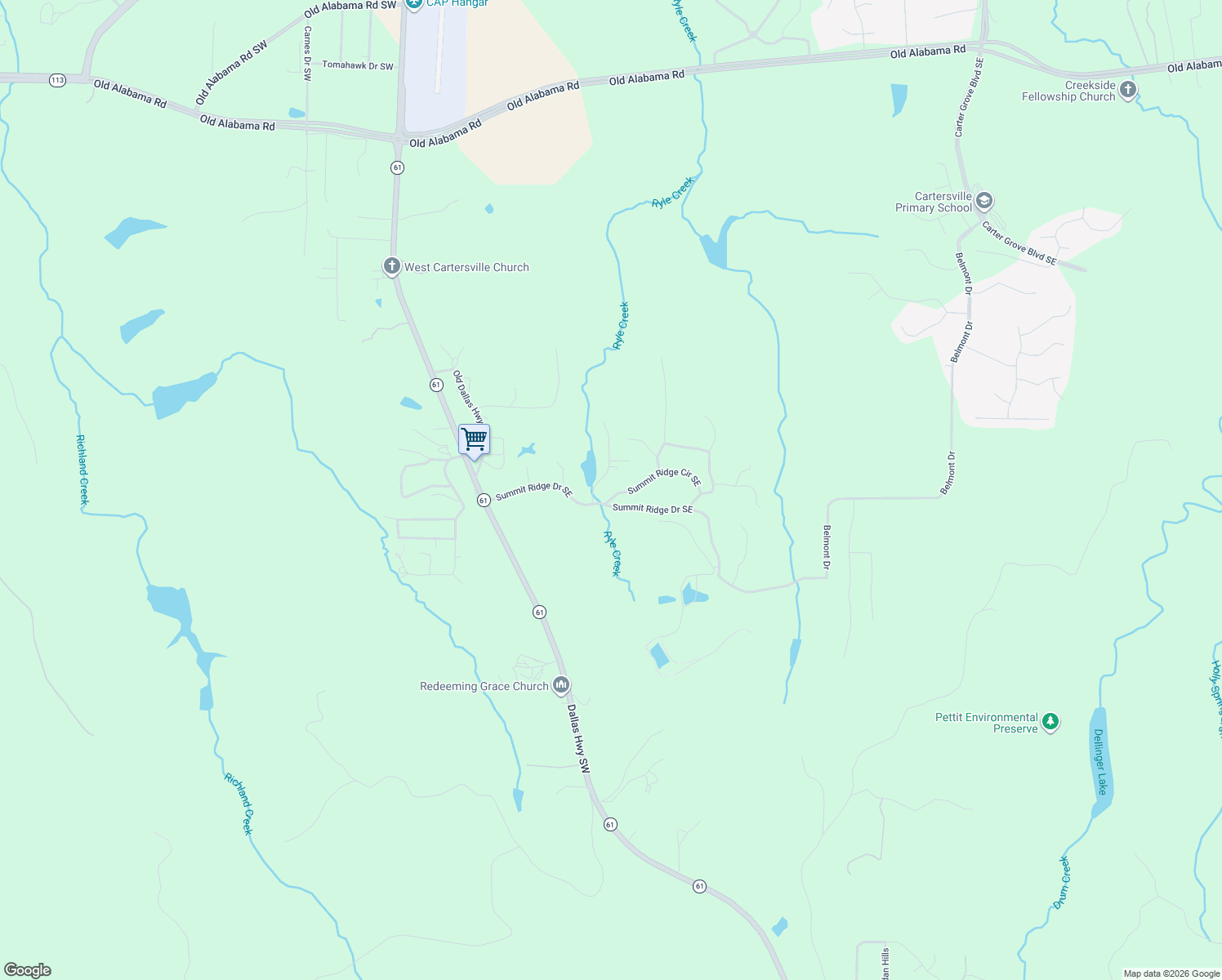map of restaurants, bars, coffee shops, grocery stores, and more near 15 Summit Ridge Circle Southeast in Cartersville