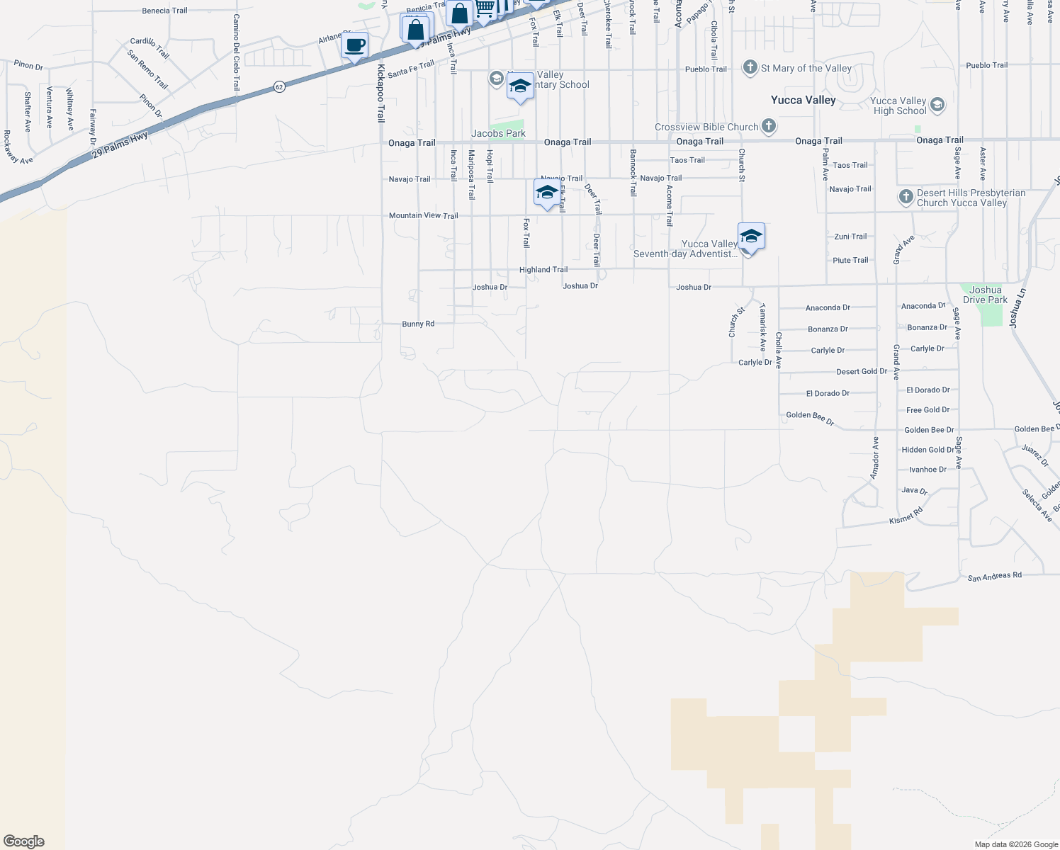 map of restaurants, bars, coffee shops, grocery stores, and more near 55710 Golden Bee Dr in Yucca Valley