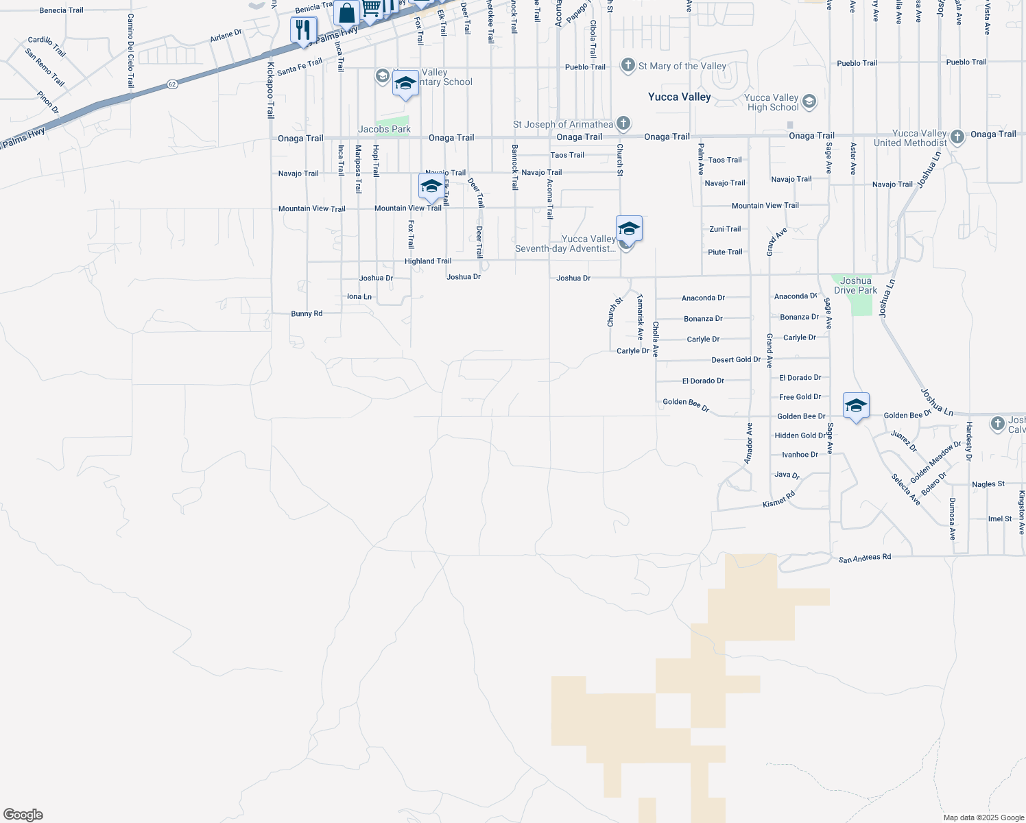 map of restaurants, bars, coffee shops, grocery stores, and more near 55994 Golden Bee Drive in Yucca Valley