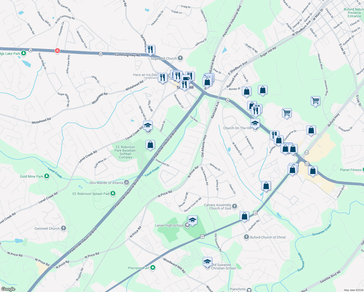 map of restaurants, bars, coffee shops, grocery stores, and more near 4664 Pine Isle Way in Sugar Hill