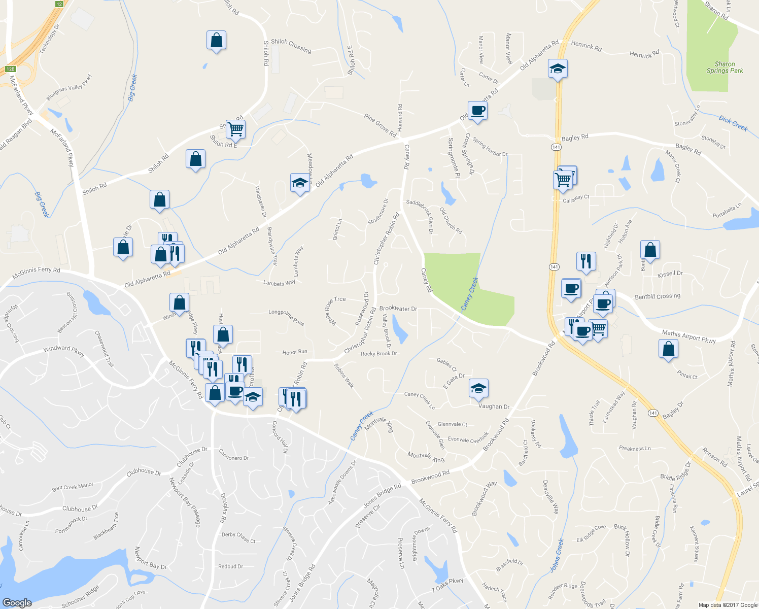 map of restaurants, bars, coffee shops, grocery stores, and more near 2300 Brookwater Drive in Alpharetta