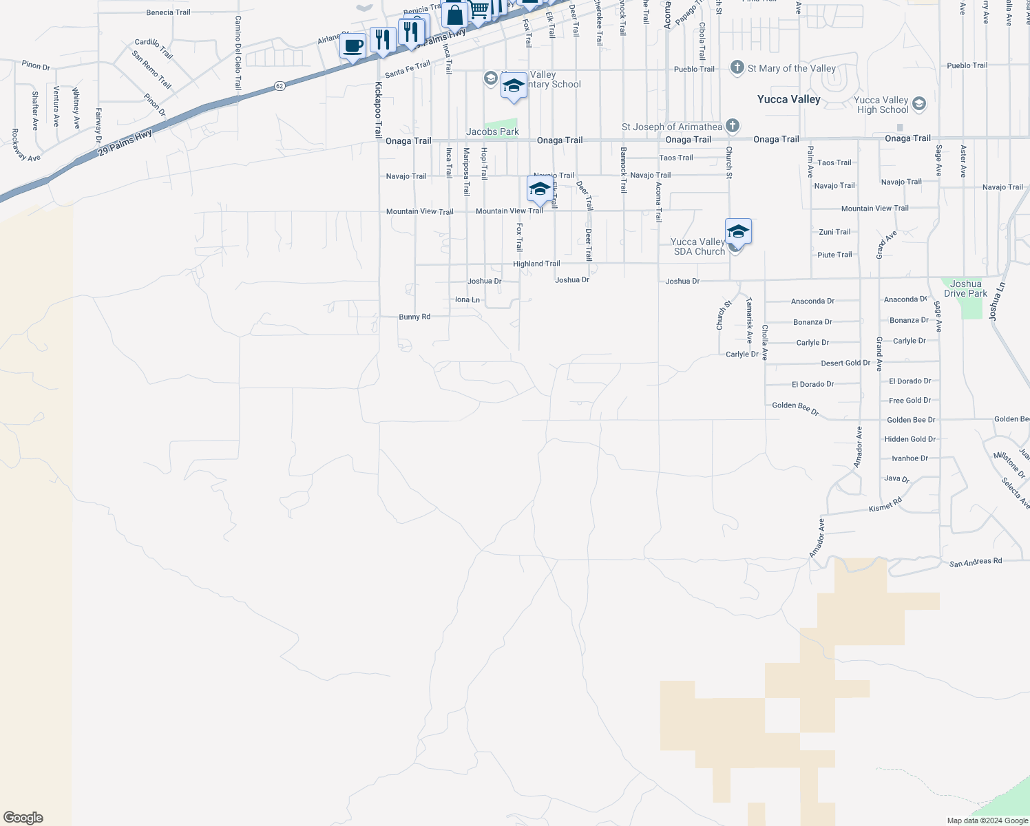 map of restaurants, bars, coffee shops, grocery stores, and more near 55700 Golden Bee Drive in Yucca Valley
