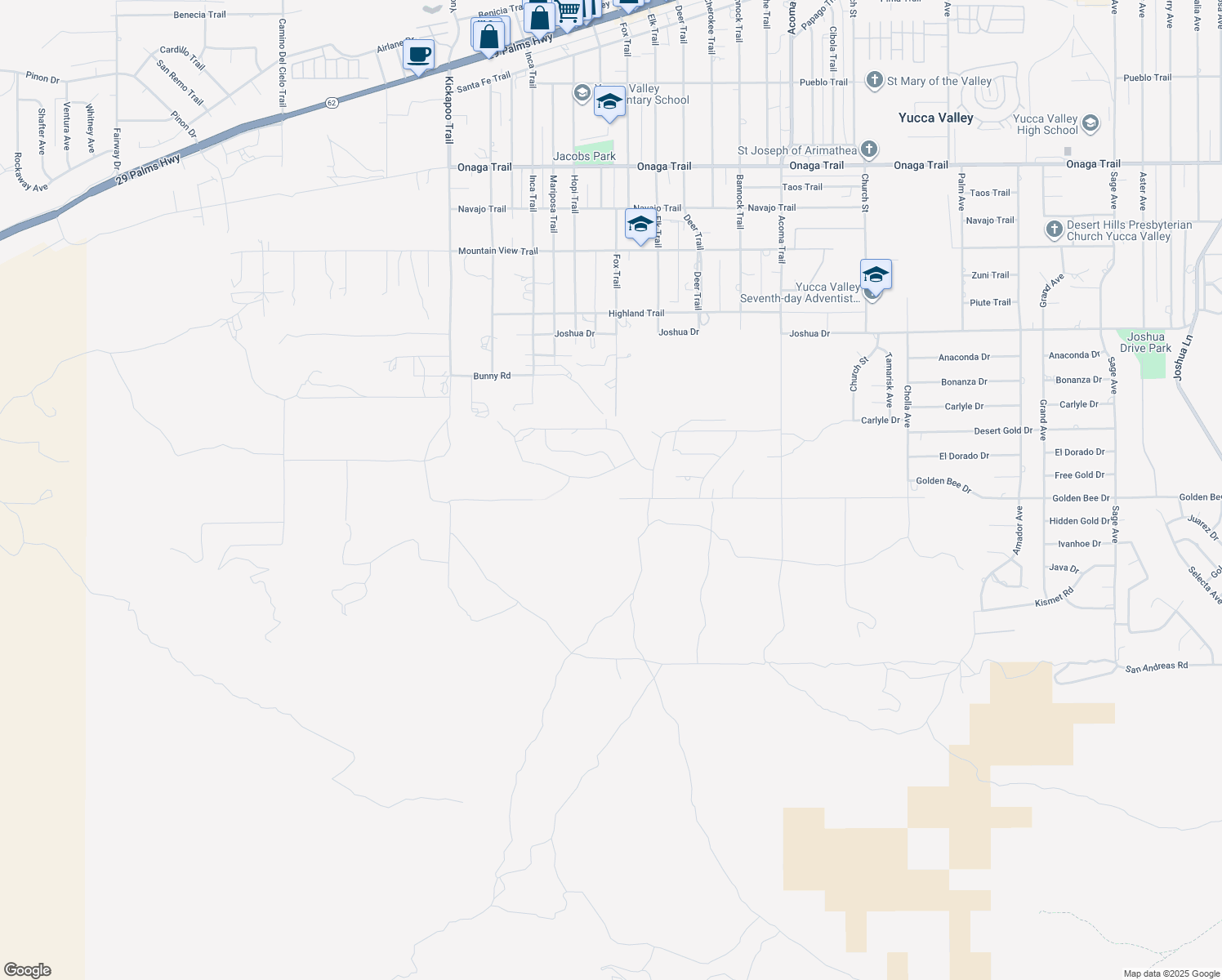 map of restaurants, bars, coffee shops, grocery stores, and more near 55700 Golden Bee Drive in Yucca Valley