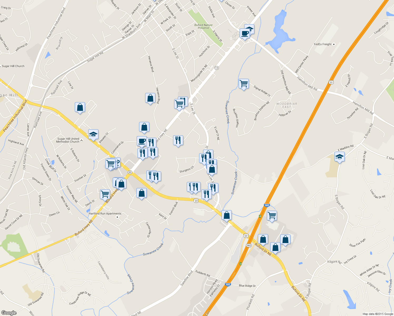 map of restaurants, bars, coffee shops, grocery stores, and more near 1725 Sturgeon Road in Buford