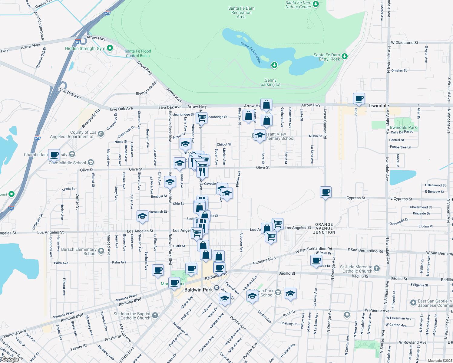 map of restaurants, bars, coffee shops, grocery stores, and more near 14621 Cavette Place in Baldwin Park
