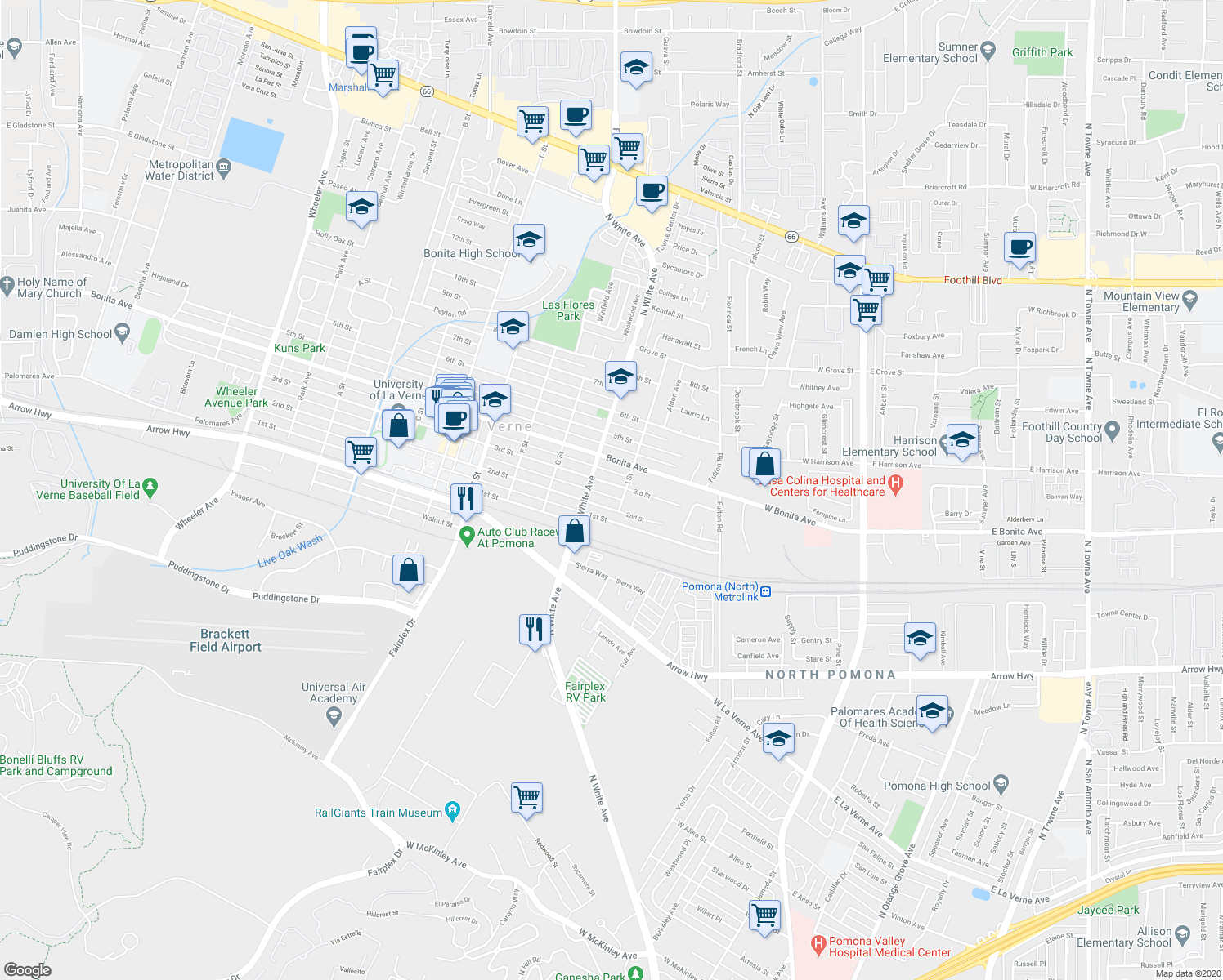 map of restaurants, bars, coffee shops, grocery stores, and more near 2556 3rd Street in La Verne