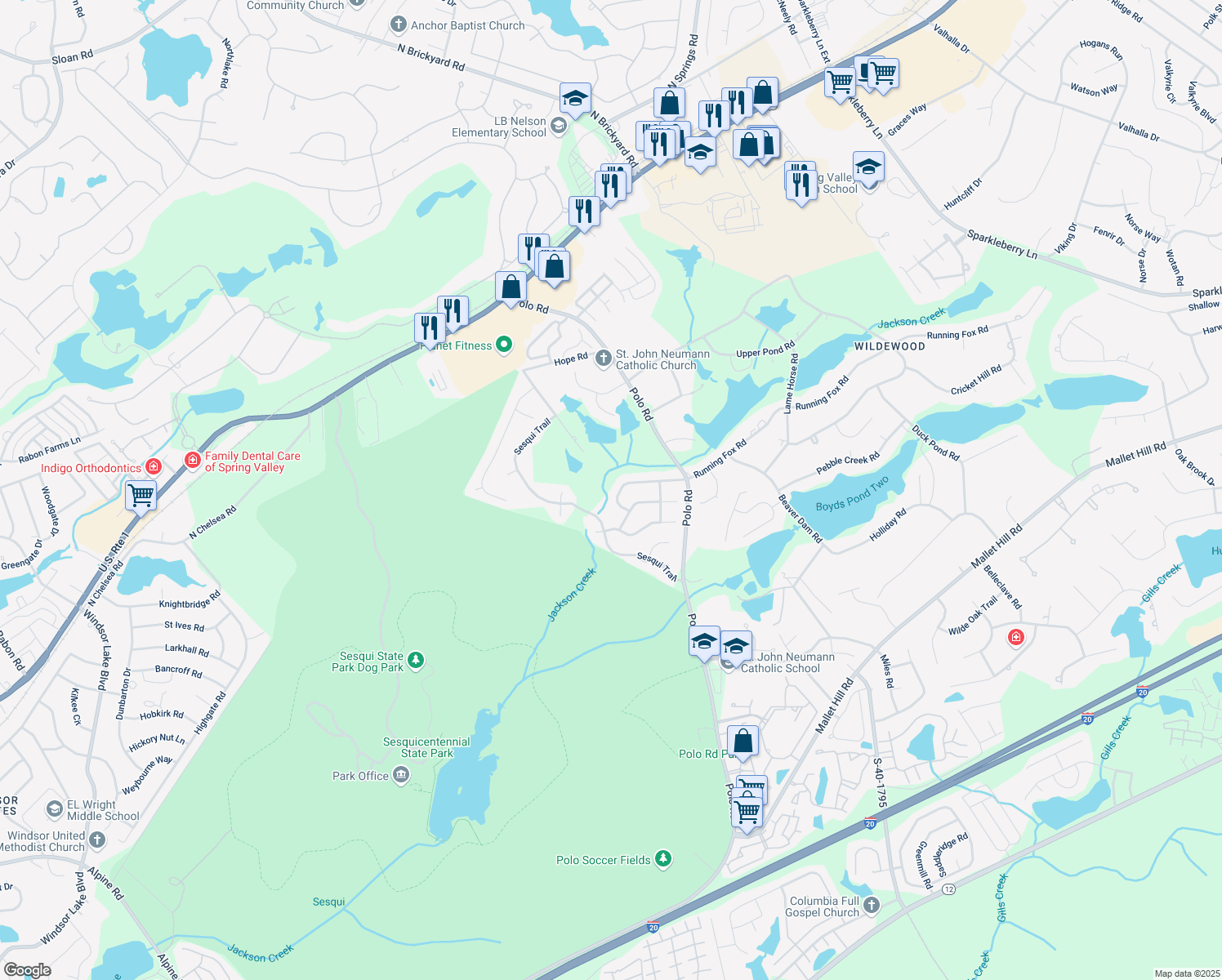 map of restaurants, bars, coffee shops, grocery stores, and more near 447 Running Fox Road West in Columbia