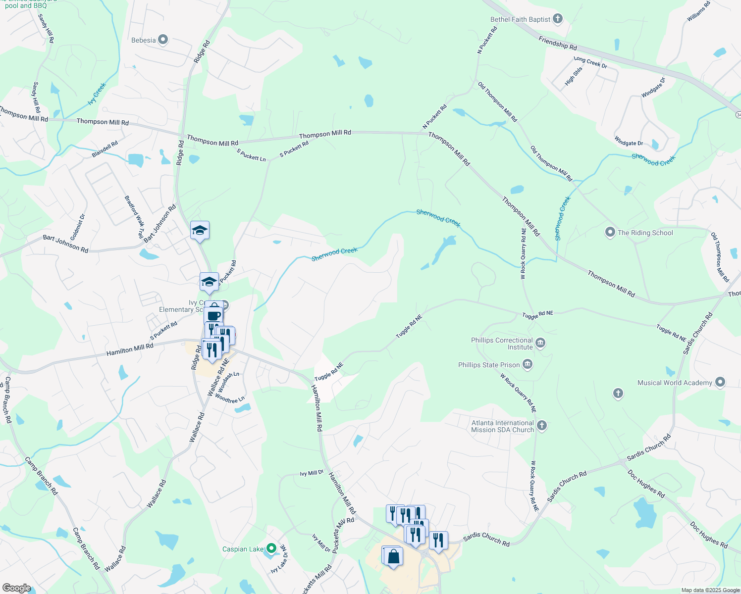 map of restaurants, bars, coffee shops, grocery stores, and more near 3416 Haddon Hall Court in Buford