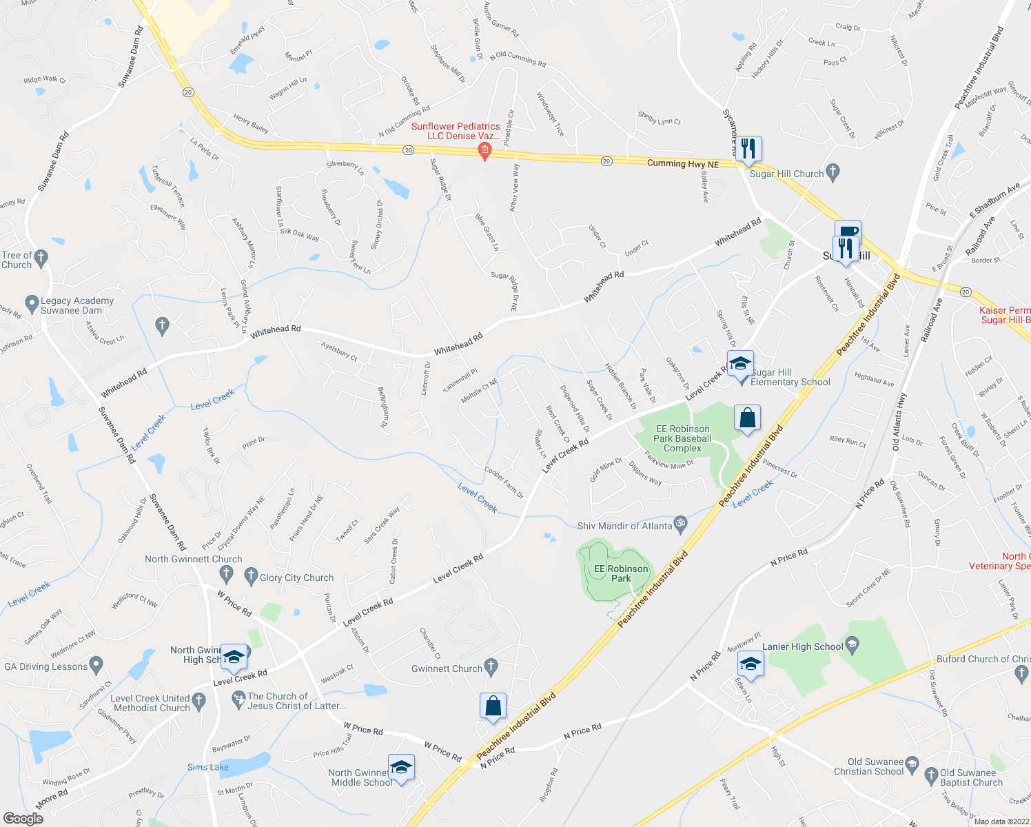 map of restaurants, bars, coffee shops, grocery stores, and more near 615 Hickory Nobb in Sugar Hill