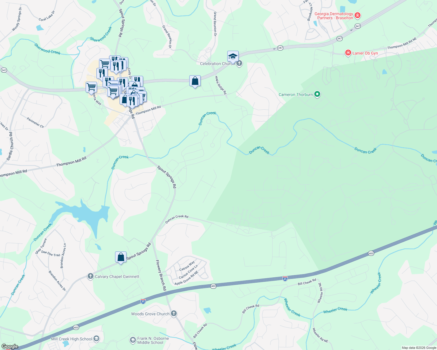 map of restaurants, bars, coffee shops, grocery stores, and more near 5357 Fawn Ivey Lane in Buford