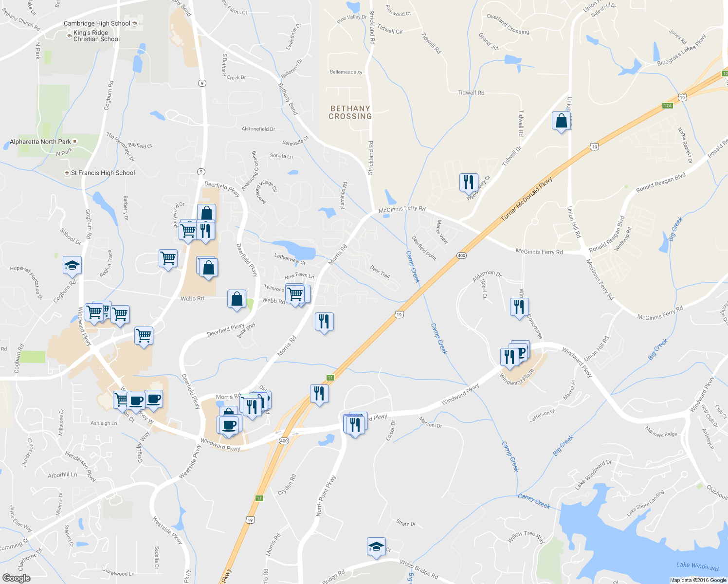 map of restaurants, bars, coffee shops, grocery stores, and more near 13085 Morris Road in Alpharetta