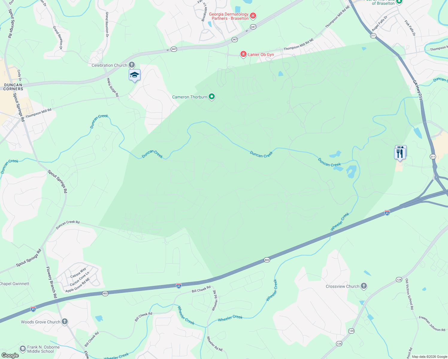 map of restaurants, bars, coffee shops, grocery stores, and more near 1983 Forest View Way in Braselton