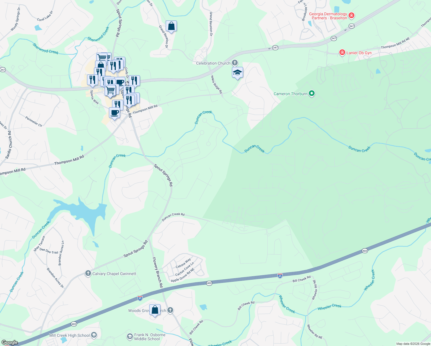 map of restaurants, bars, coffee shops, grocery stores, and more near 5357 Fawn Ivey Lane in Buford