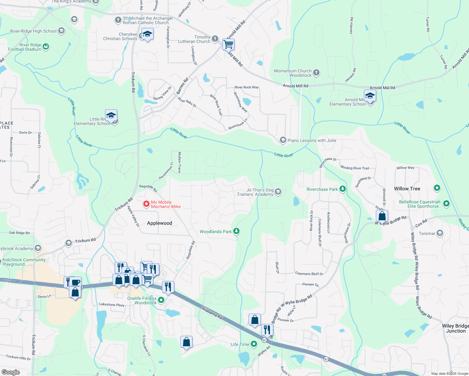 map of restaurants, bars, coffee shops, grocery stores, and more near 814 Lazarus Dr in Woodstock
