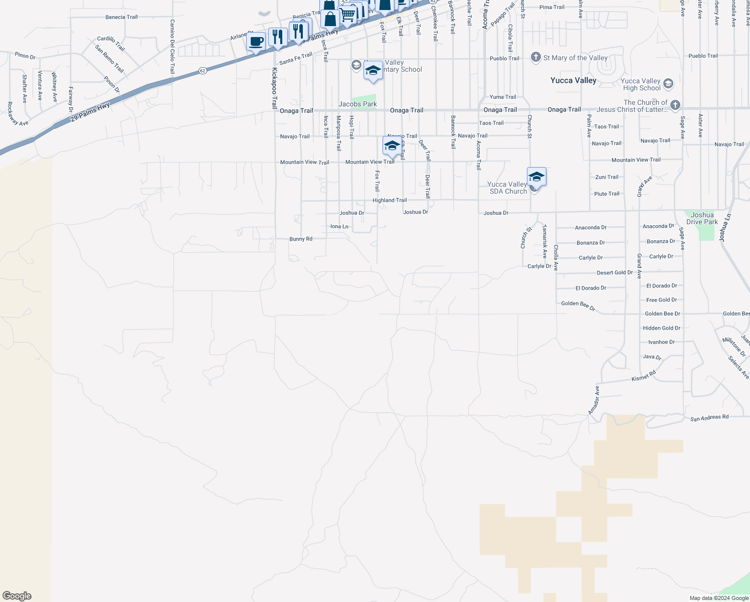 map of restaurants, bars, coffee shops, grocery stores, and more near 55705 Free Gold Drive in Yucca Valley
