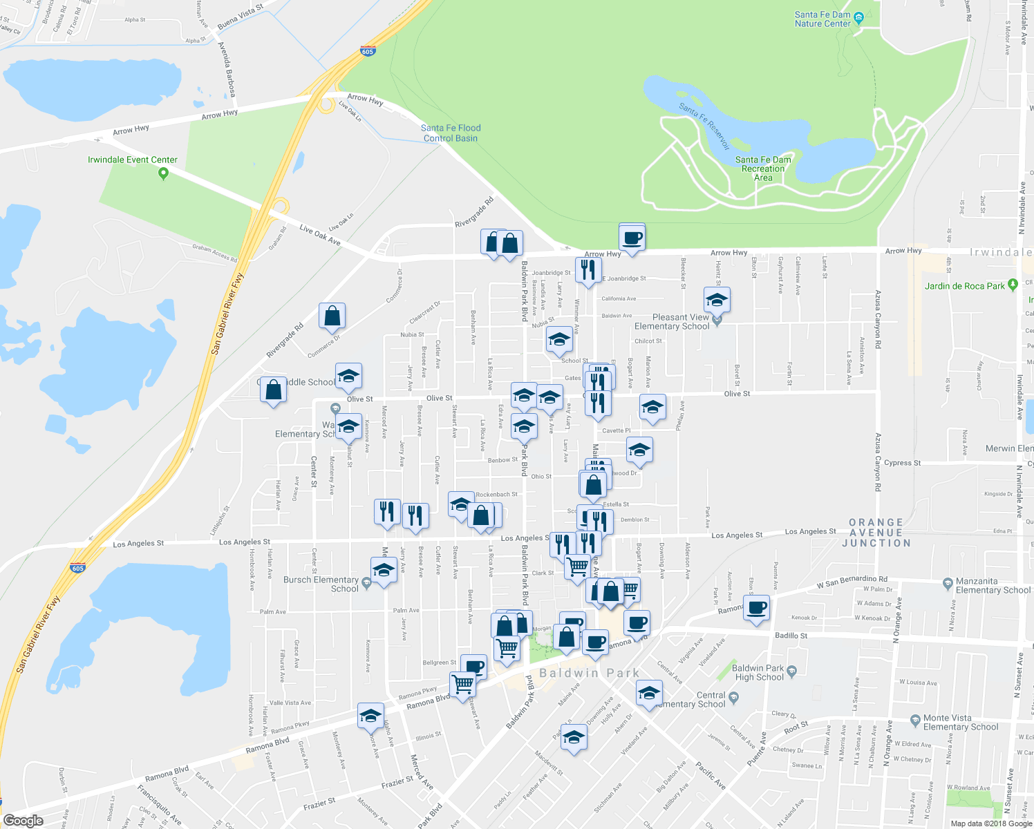 map of restaurants, bars, coffee shops, grocery stores, and more near 4733 Baldwin Park Boulevard in Baldwin Park
