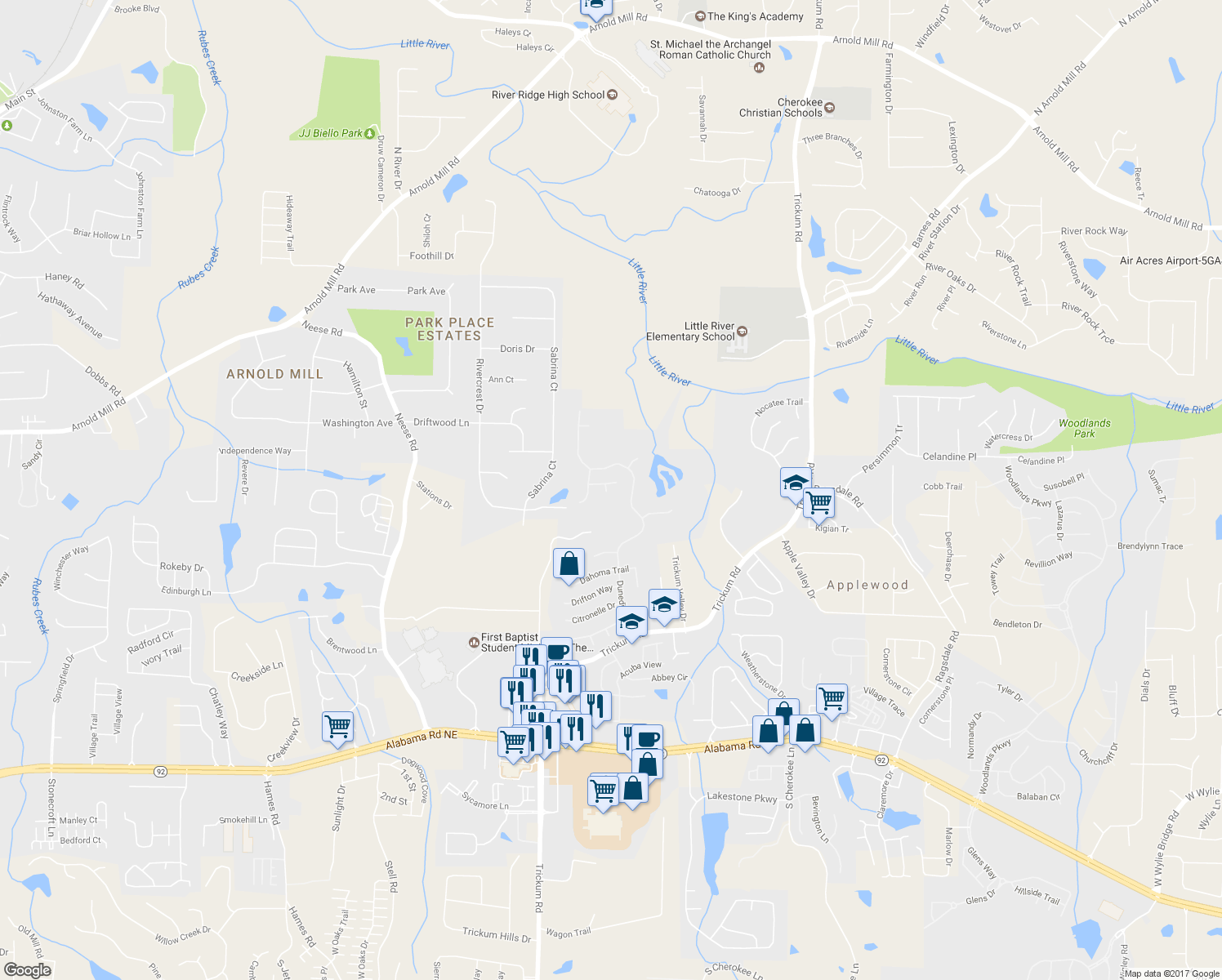 map of restaurants, bars, coffee shops, grocery stores, and more near 1503 Korona Court in Woodstock