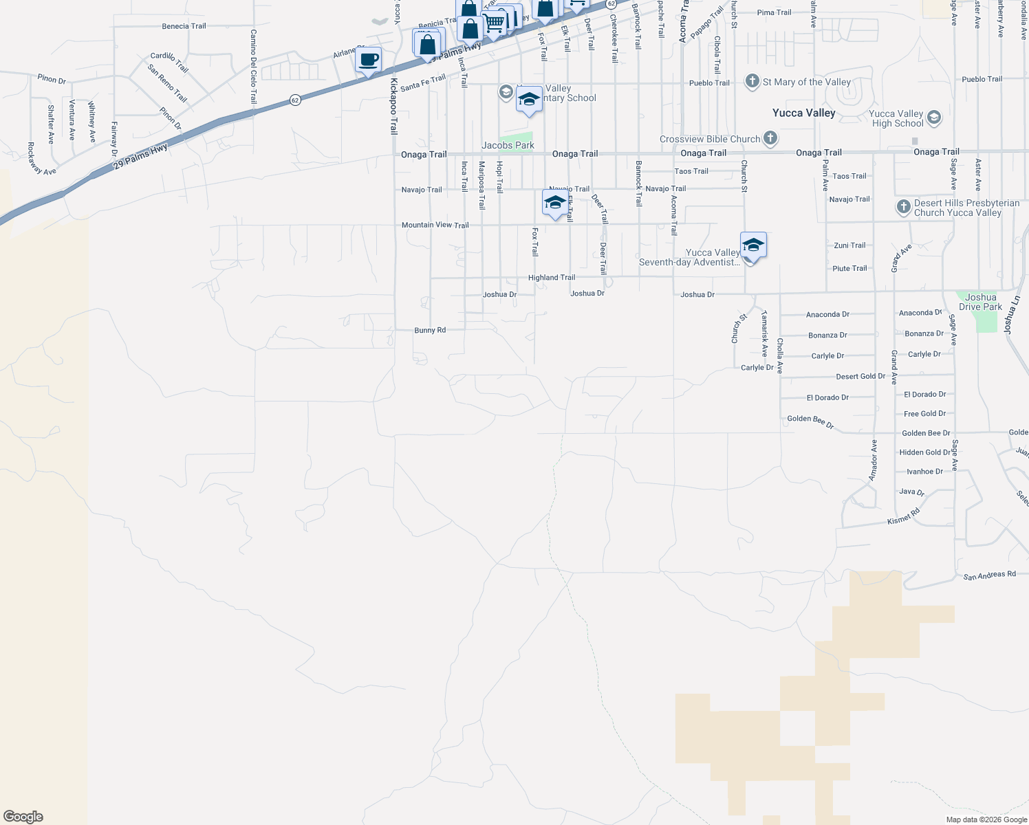 map of restaurants, bars, coffee shops, grocery stores, and more near in Yucca Valley