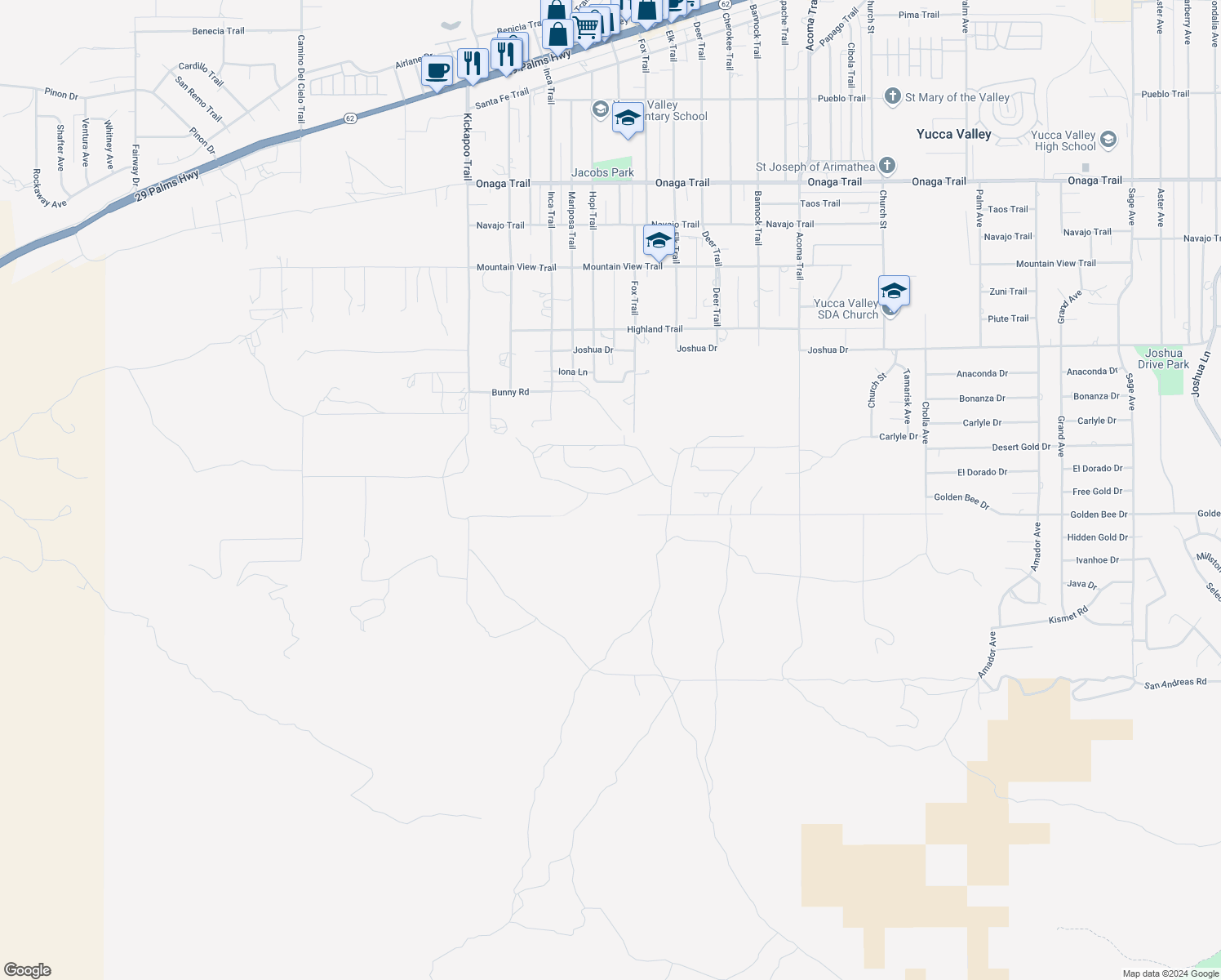 map of restaurants, bars, coffee shops, grocery stores, and more near Free Gold Drive in Yucca Valley