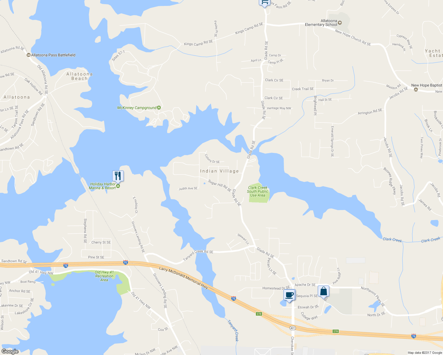 map of restaurants, bars, coffee shops, grocery stores, and more near 5928 Dogwood Drive Southeast in Acworth