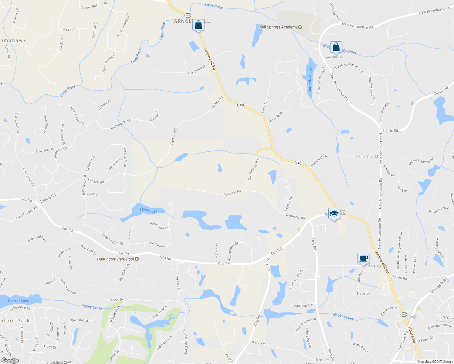 map of restaurants, bars, coffee shops, grocery stores, and more near 735 Ebenezer Road in Roswell