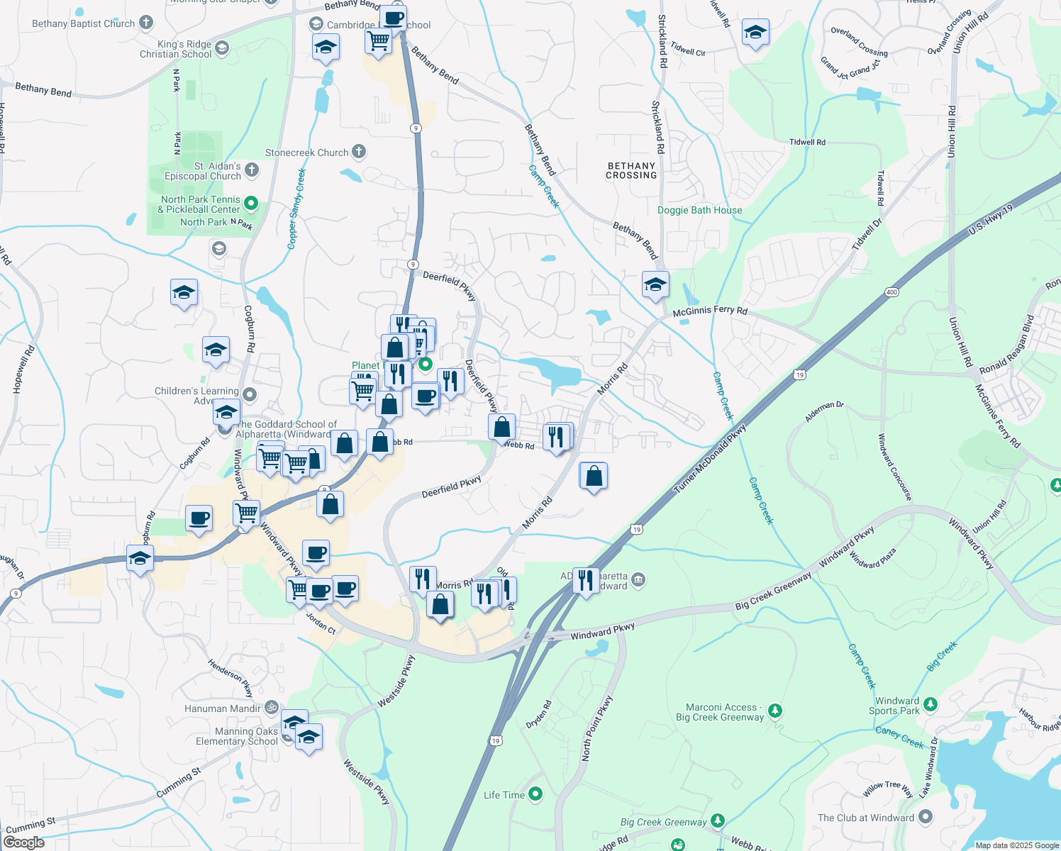 map of restaurants, bars, coffee shops, grocery stores, and more near 3332 Twinrose Place in Alpharetta