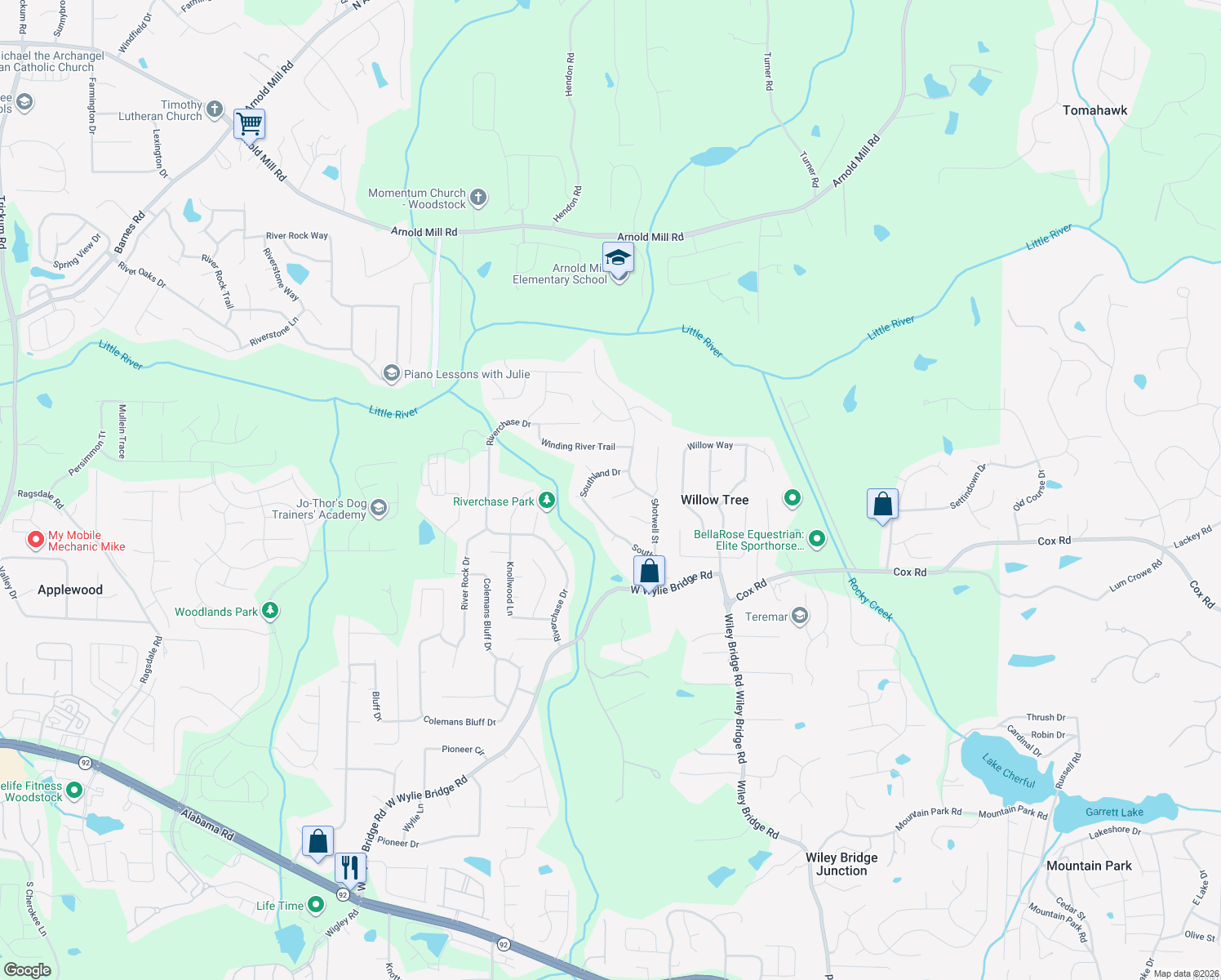 map of restaurants, bars, coffee shops, grocery stores, and more near 4808 Augustus Court in Woodstock