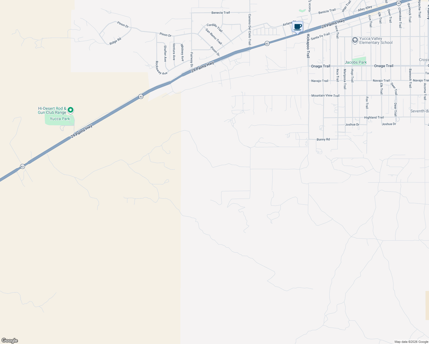 map of restaurants, bars, coffee shops, grocery stores, and more near 54664 Hoopa Trail in Yucca Valley