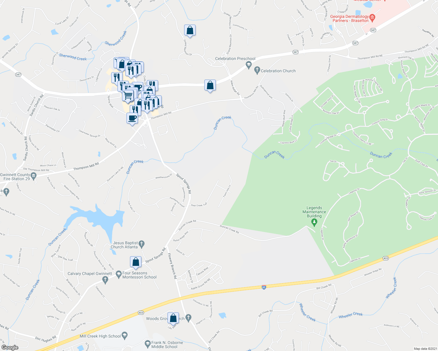 map of restaurants, bars, coffee shops, grocery stores, and more near 1905 Deer Creek Trail in Buford
