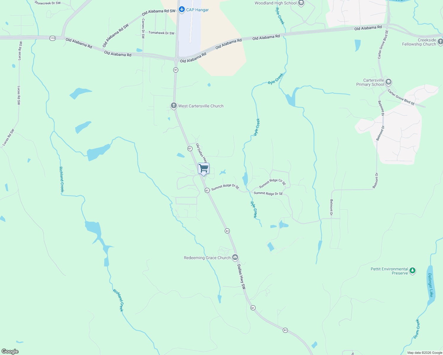 map of restaurants, bars, coffee shops, grocery stores, and more near 41 Summit Ridge Drive Southeast in Cartersville