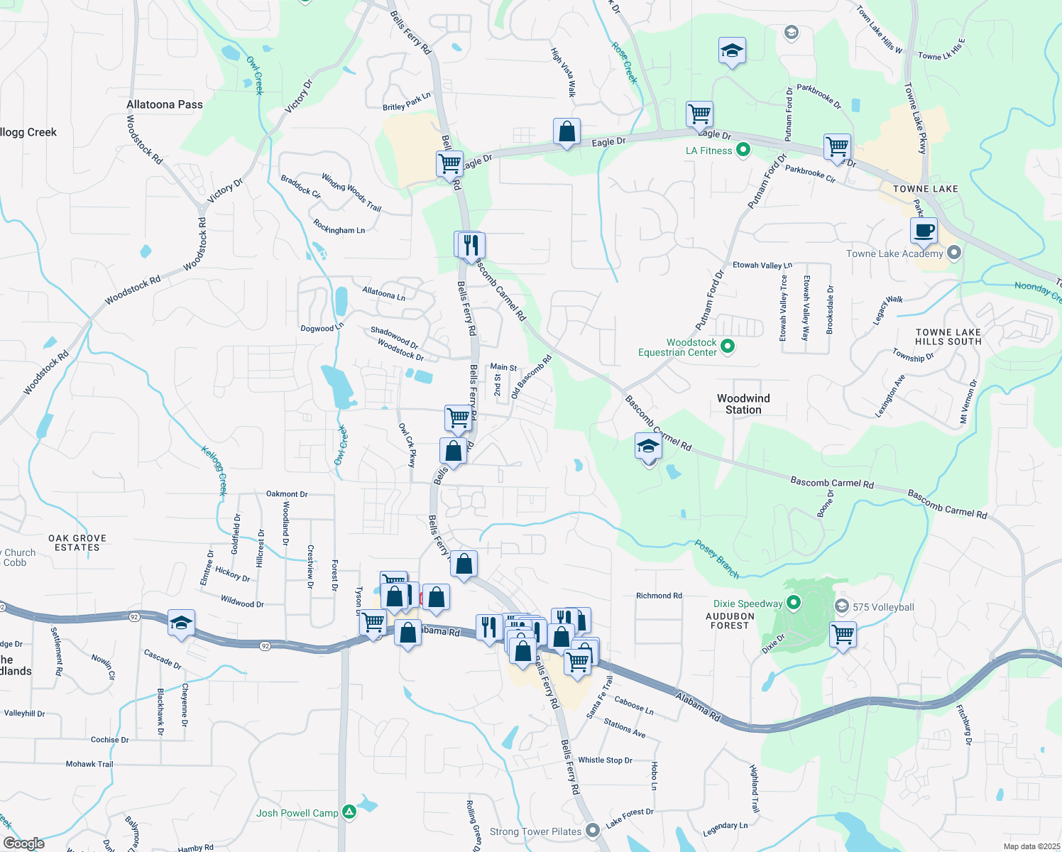 map of restaurants, bars, coffee shops, grocery stores, and more near 134 Linton Drive in Acworth