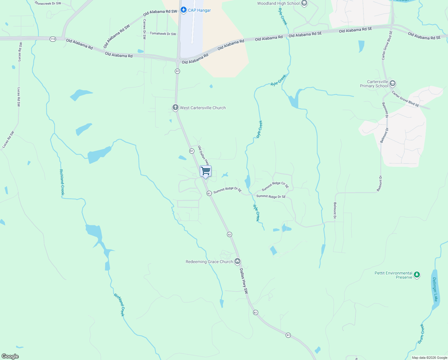 map of restaurants, bars, coffee shops, grocery stores, and more near 41 Summit Ridge Drive Southeast in Cartersville