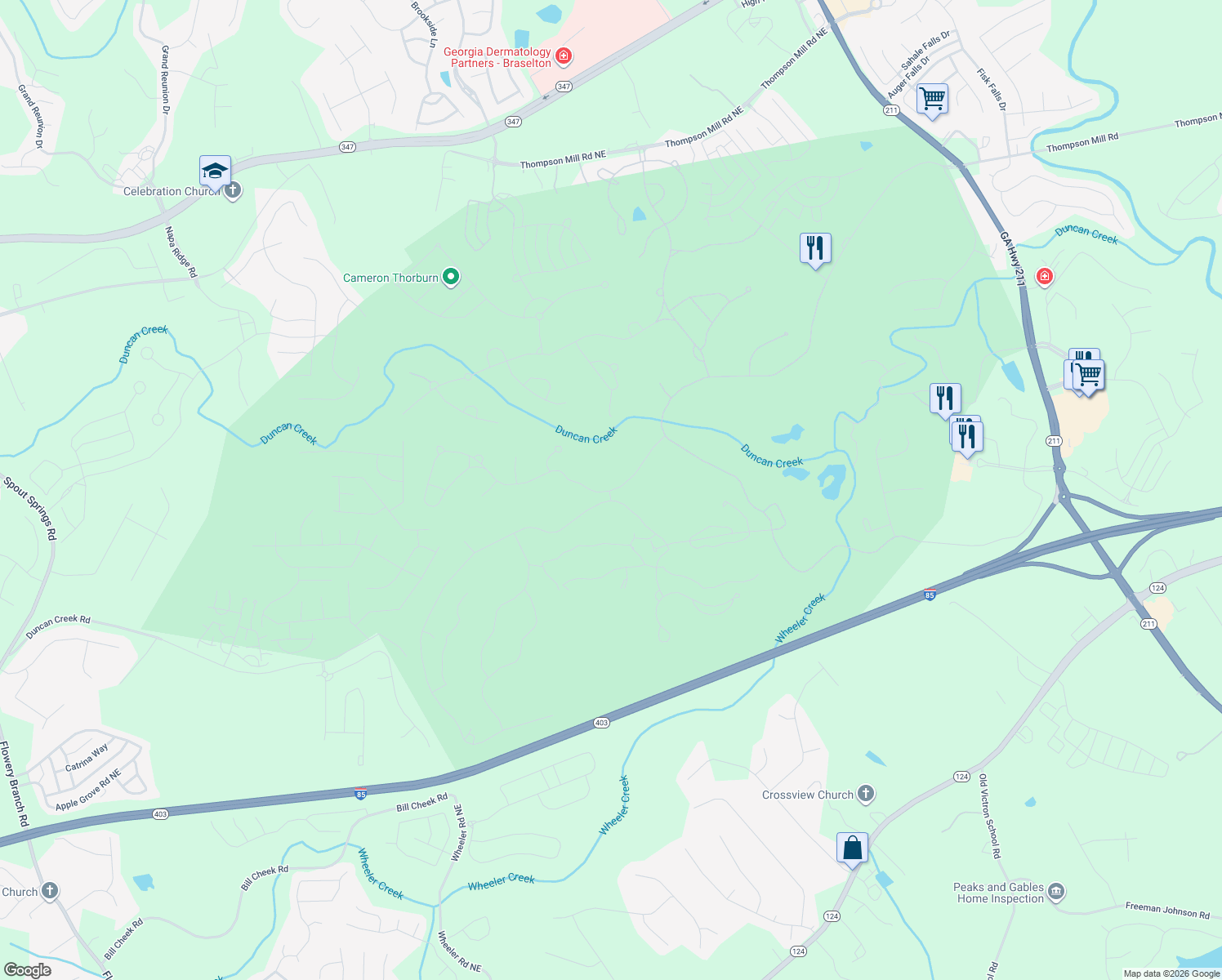 map of restaurants, bars, coffee shops, grocery stores, and more near 2020 Tee Dr in Braselton