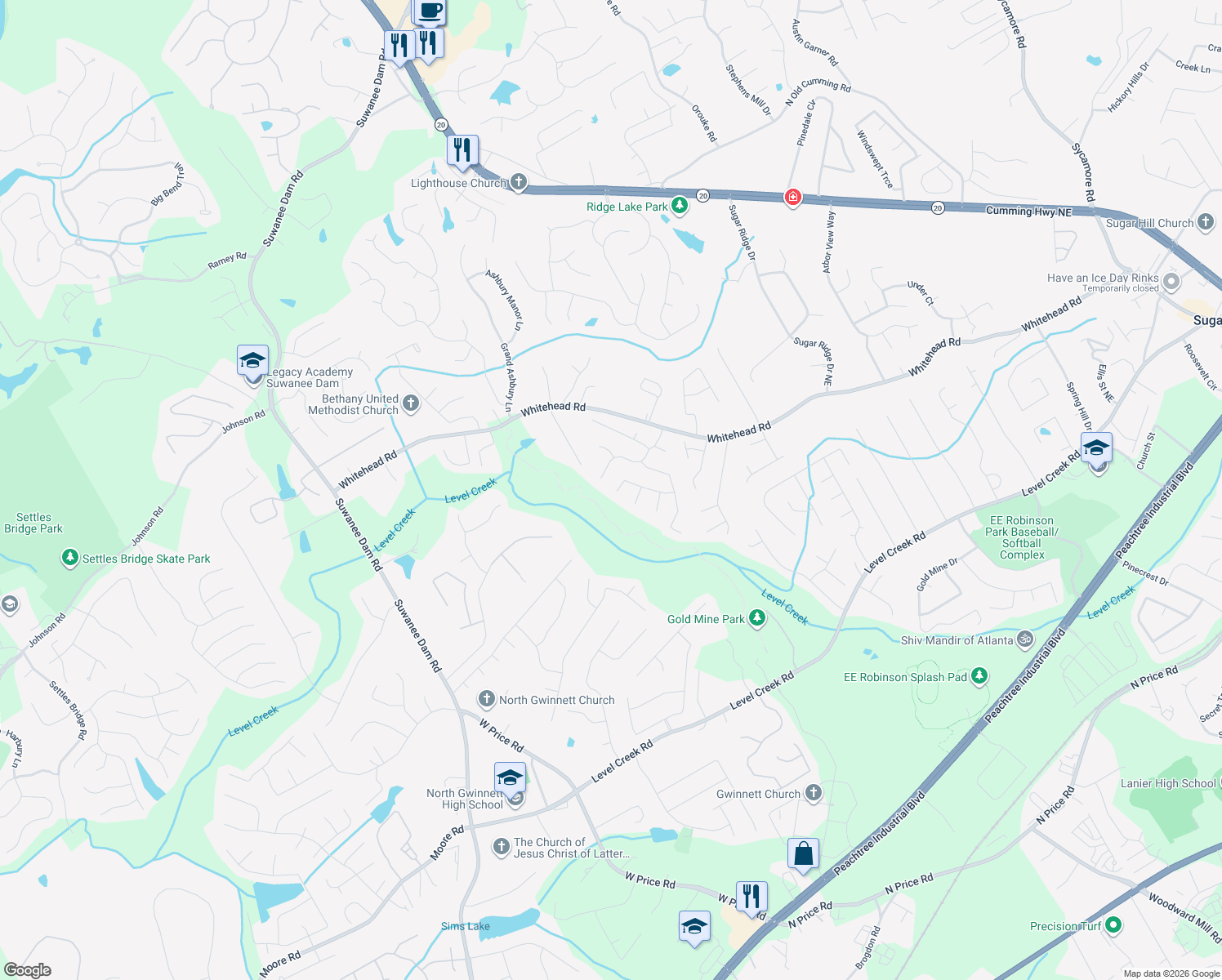 map of restaurants, bars, coffee shops, grocery stores, and more near 412 Waltham Lane in Sugar Hill