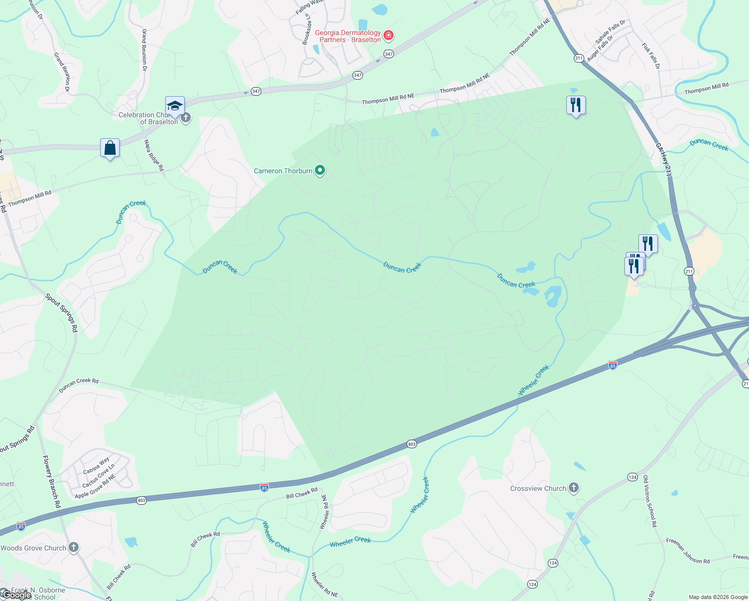 map of restaurants, bars, coffee shops, grocery stores, and more near 2115 Tee Drive in Braselton