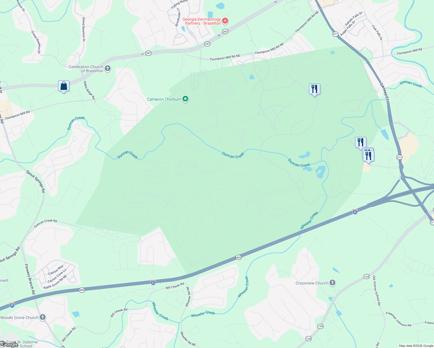map of restaurants, bars, coffee shops, grocery stores, and more near 2115 Tee Drive in Braselton