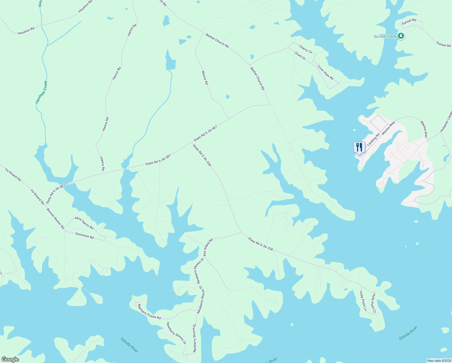 map of restaurants, bars, coffee shops, grocery stores, and more near 426 Holly Point Road in Prosperity