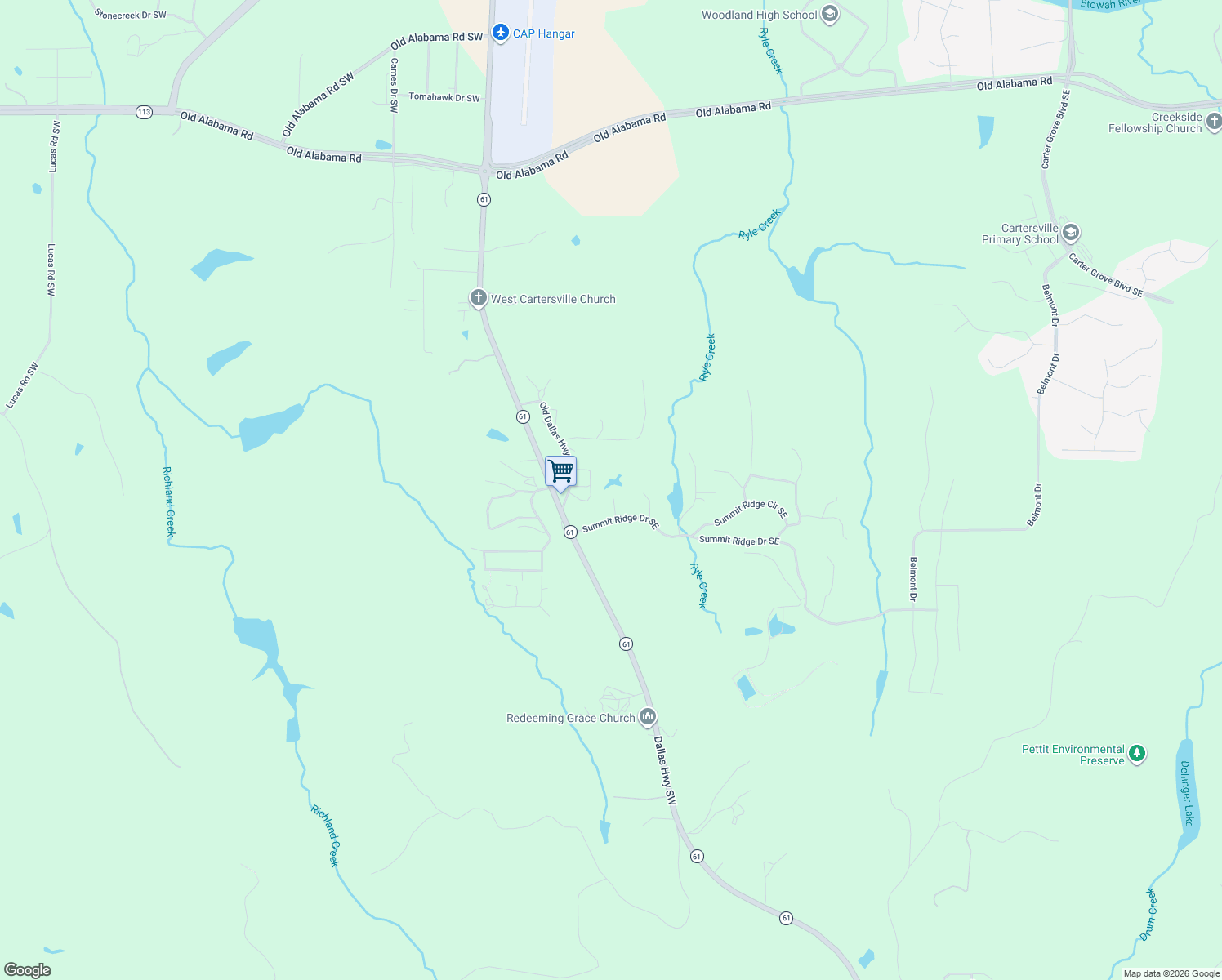 map of restaurants, bars, coffee shops, grocery stores, and more near 41 Summit Ridge Drive Southeast in Cartersville