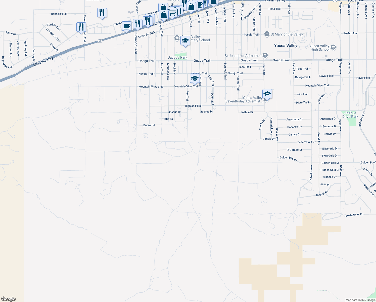 map of restaurants, bars, coffee shops, grocery stores, and more near 55710 Free Gold Drive in Yucca Valley